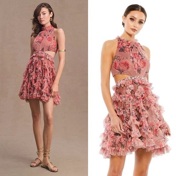NWT MAC DUGGAL Floral Ruffle Tulle Sleeveless Beaded Cutout Waist Halter Dress 6 - Picture 1 of 9